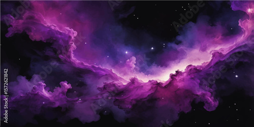 Dramatic purple smoke billows across an abstract background, reminiscent of a mysterious night sky with hints of dark clouds and distant light