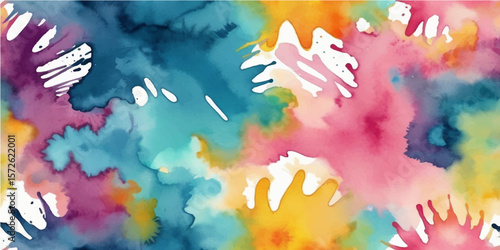 Abstract, hand-painted watercolor design with colorful fish and coral patterns, evoking an underwater world of natural beauty and vibrant artistic illustration