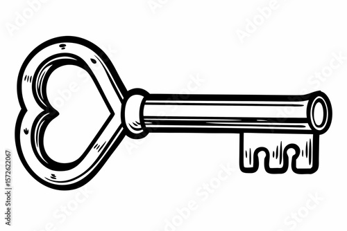 Vintage Heart Shaped Key Black Outline Illustration