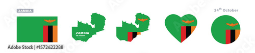 zambia flag and map set. zambia flag in official colors and proportions. independence day 24 october, map, circle and heart shaped zambia