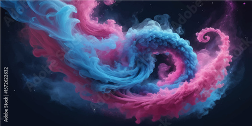 Abstract heart shape with flowing smoke and light on a dark background, a vibrant pattern of blue and purple energy