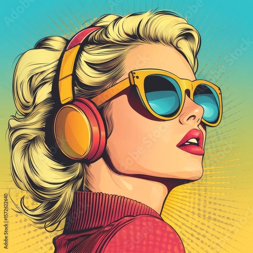 Pop art retro-style depiction of a young brunette woman wearing headphones and sunglasses, set against a vibrant, colorful background, Generative AI