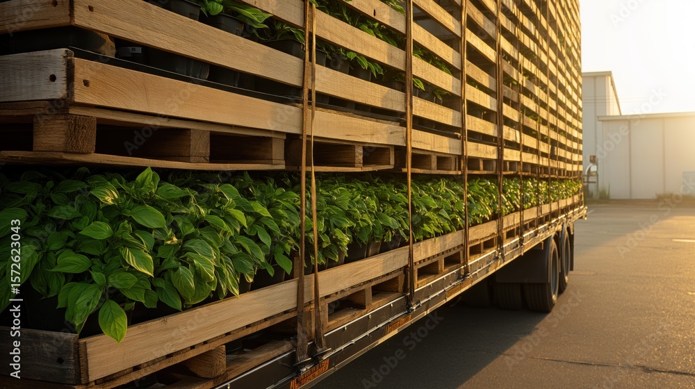 Fototapeta premium Green Leafy Plants on Truck Trailer – Agricultural Transport Scene with Copy Space for Branding