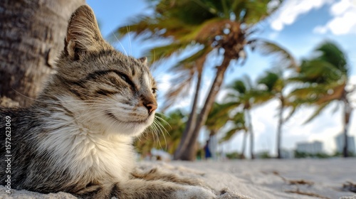 Playful cat relaxing on the beach miami animal photography tropical setting close-up view serenity