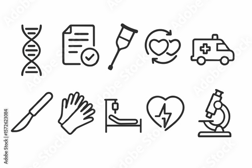 Set of black and white vector icons featuring DNA, medical documents, crutches, ambulance, scalpel, gloves, hospital bed, heartbeat, and microscope. Ideal for healthcare, medical services, hospital 