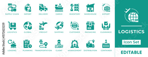 Logistics Icon Set. Features icons of delivery, shipment, cargo, warehouse, tracking, supply chain, and transport. Perfect for logistics apps, websites, and businesses.