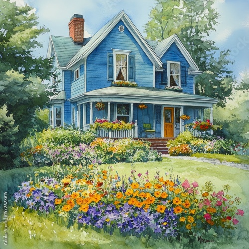 Colorful farmhouse exterior with a vibrant flower bed in the front yard, depicted in a watercolor or aquarelle painting style, Generative AI