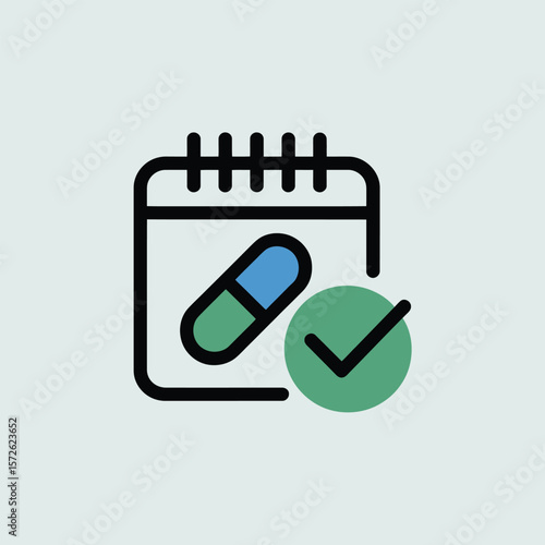 Minimalist Icon depicting a teal green and blue pill capsule inside a black outlined calendar page with a green checkmark circle indicating medication schedule adherence