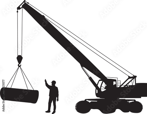 Silhouette of construction worker guiding crane lifting heavy load with mobile crane vector illustration