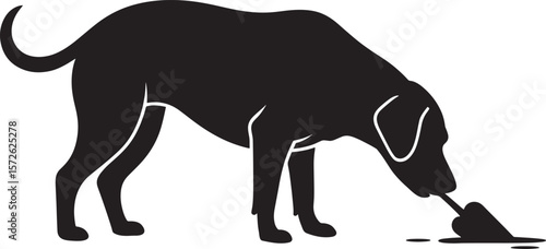Silhouette of dog drinking water from puddle animal pet behavior black vector illustration design