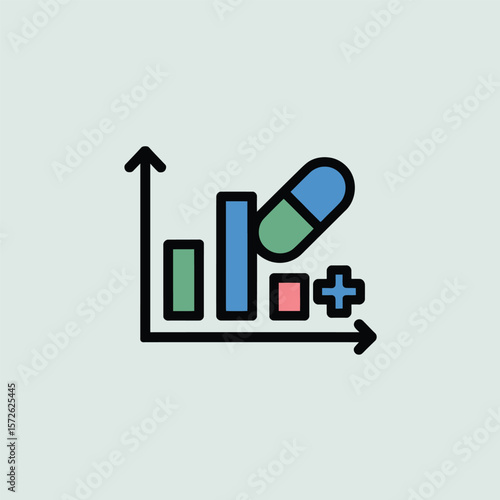 Minimalist Icon depicting upward trending bar graph with a capsule medicine and plus symbol indicating pharmaceutical growth or healthcare improvement