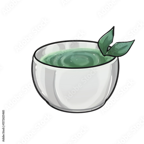 Matcha Green Tea in White Cup with Leaves