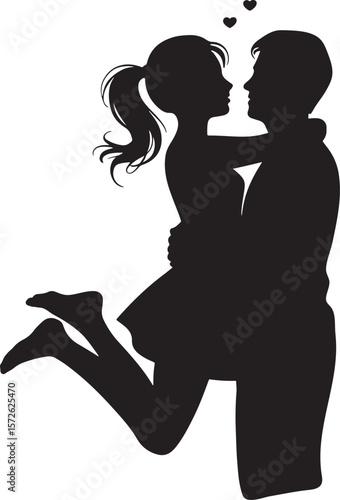 Romantic couple silhouette with hearts showing man lifting woman in love symbol of affection and passion