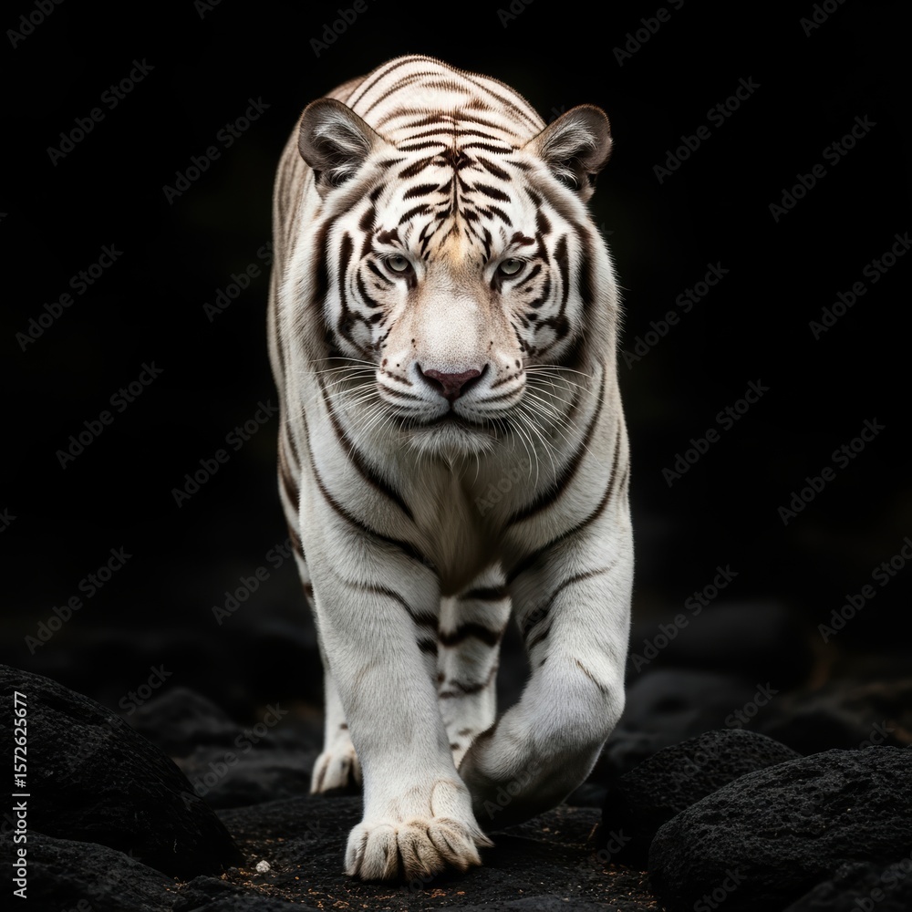 Obraz premium Majestic white tiger with striking black stripes walks forward on dark rocks