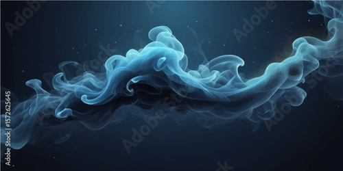 Blue smoke gracefully flows and swirls on a black background, creating an abstract, smooth, and colorful wave pattern