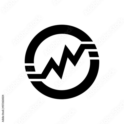 Minimalist black vector icon of a circular chart with a jagged growth line cutting through it, representing fluctuating market performance or unstable financial progress.

