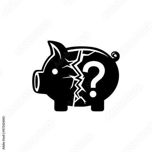 Vector icon of a cracked piggy bank with a question mark, symbolizing financial instability, savings depletion, or economic uncertainty.

