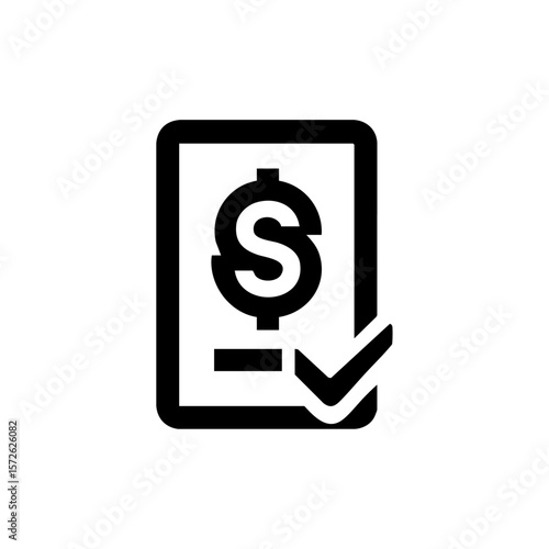 Minimalist icon of a financial document with a dollar sign and a checkmark, representing verified transactions, approved payments, or validated bills.
