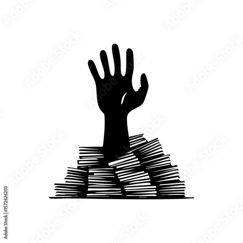 A hand reaching up from under a pile of paperwork, symbolizing overwhelm, debt, or financial burden.
