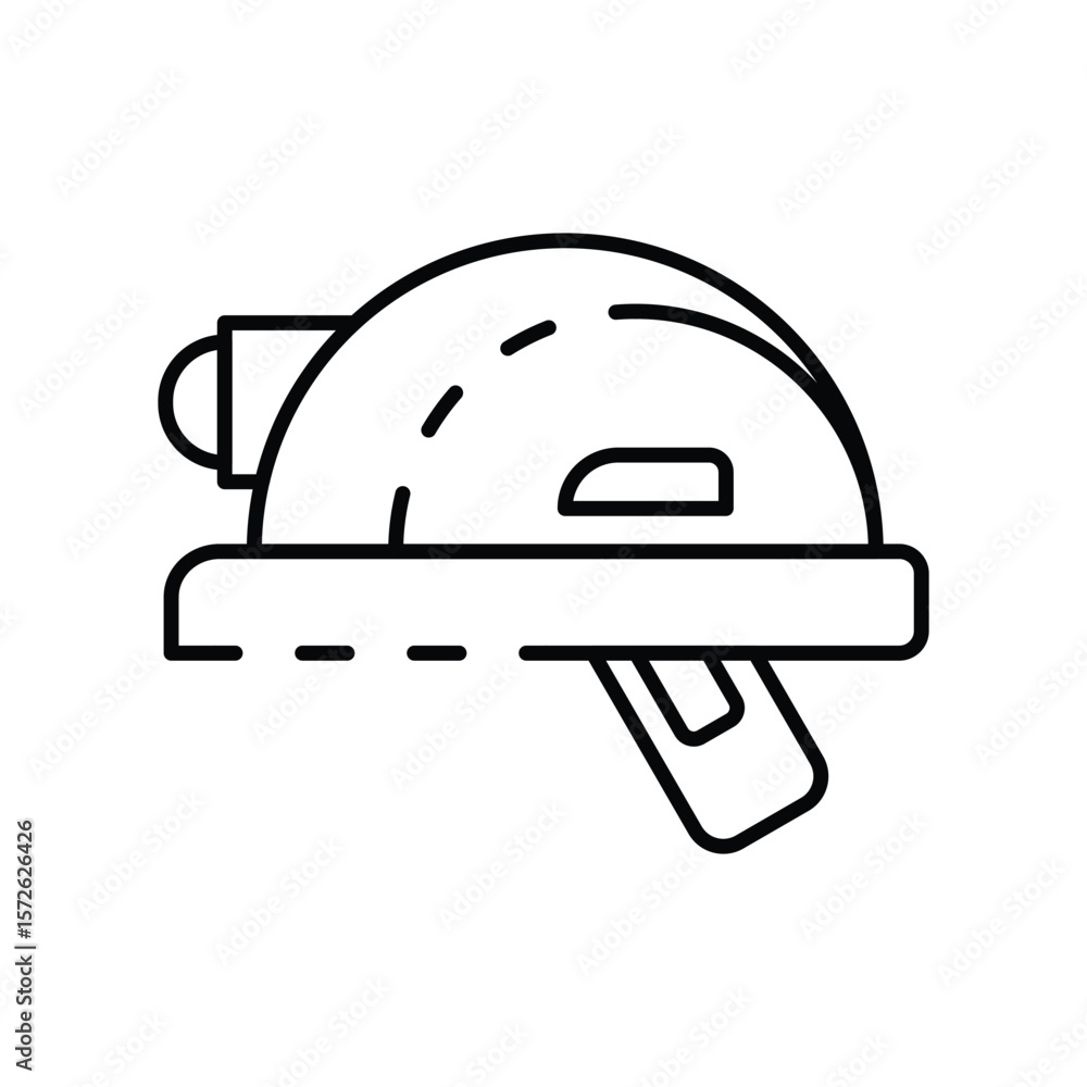 A line drawing of a hard hat with an attached light chin strap and vents A line drawing of a hard hat with an attached light chin strap and vents