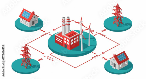 Isometric Vector Illustration of a Renewable Energy Grid with Solar Panels, Wind Turbines, and Transmission Towers