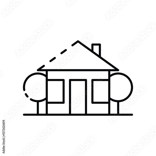 A simple linedrawing of a house with two trees on either side A chimney protrudes from the roof