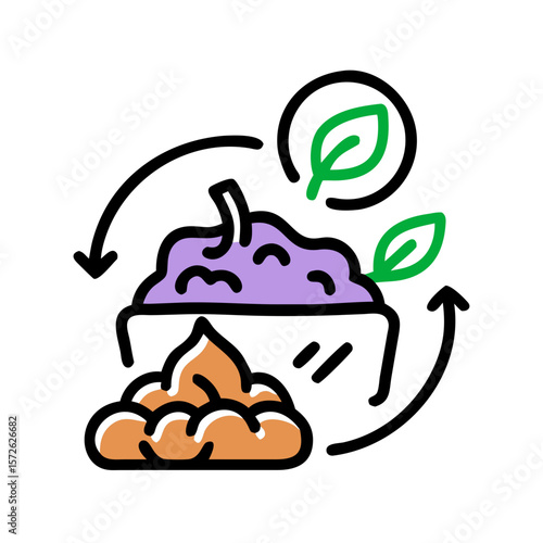 Illustration of composting process with purple material turning into brown soil and green leaves
