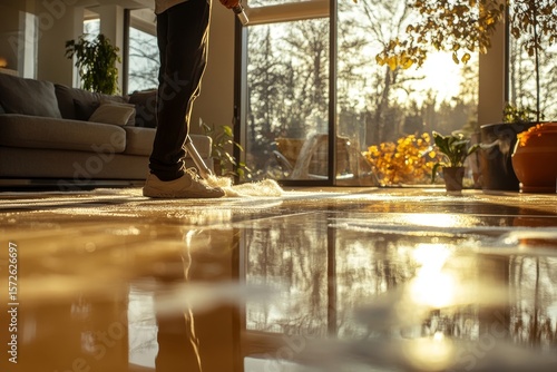 Efficient cleaning, housekeeper mopping living room floor with professional cleaning products for optimal cleanliness, Generative AI