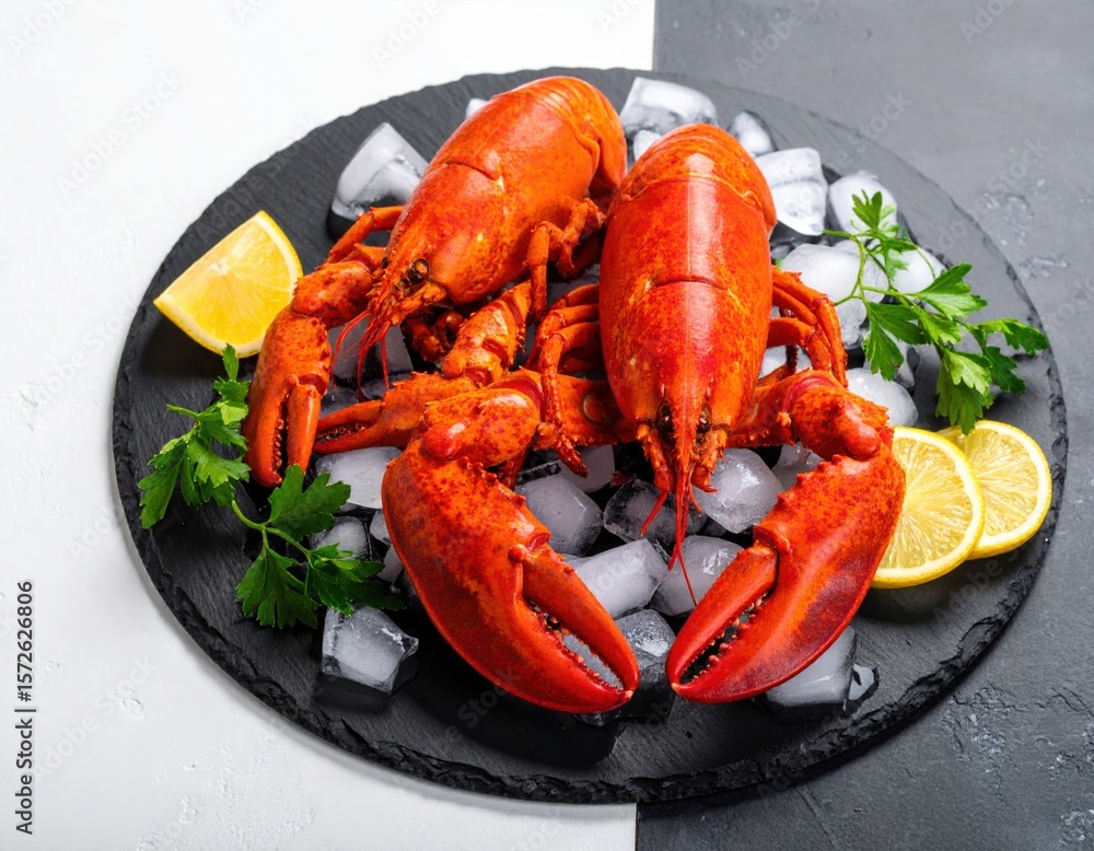 Fresh Red Lobsters On Ice With Lemon And Parsley Fresh Red Lobsters On Ice With Lemon And Parsley