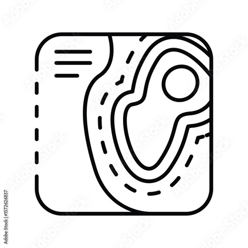 Black and white contour map icon with dashed lines lake and horizontal lines on the left