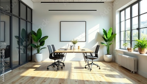 Modern office, natural light, plants, minimalist decor, remote meeting, virtual meeting