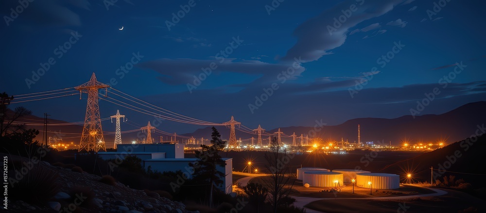 Fototapeta premium Night view of an industrial landscape with illuminated power lines.