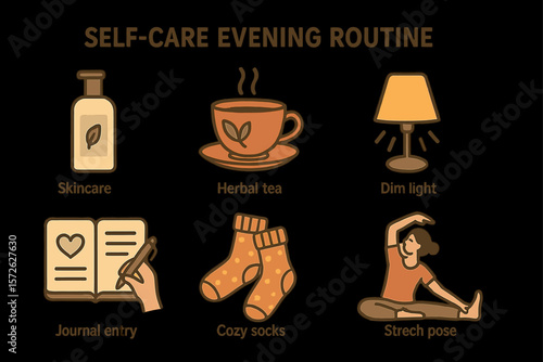 Self-care evening routine essentials: skincare, herbal tea, cozy socks, more