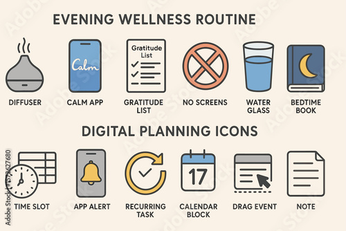 Evening wellness routine and digital planning icons for relaxation and organization