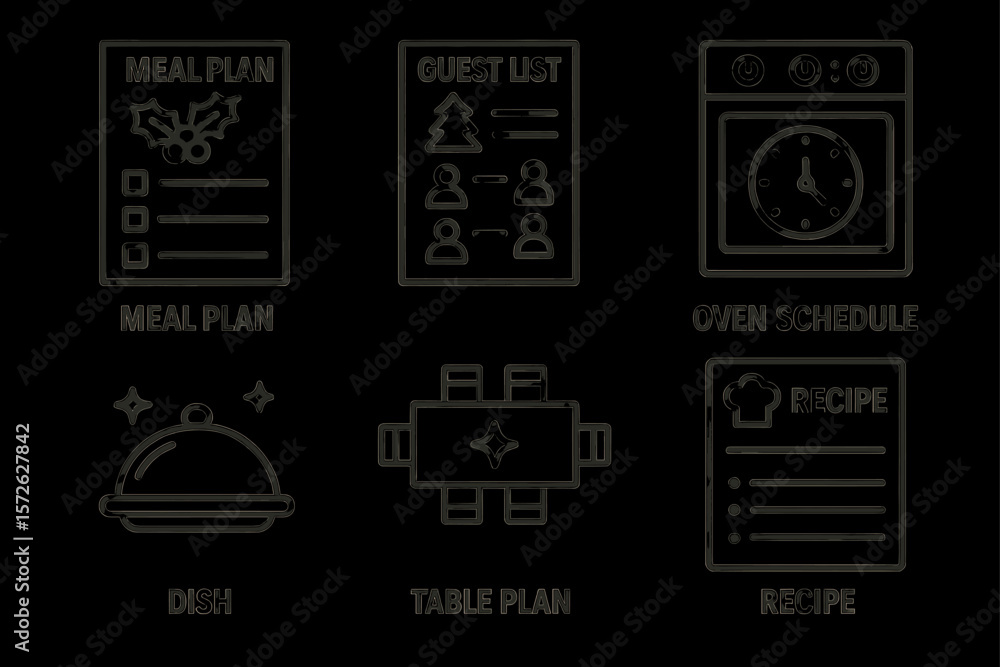 Holiday meal planning icons: meal plan, guest list, oven schedule, dish, table plan, recipe Holiday meal planning icons: meal plan, guest list, oven schedule, dish, table plan, recipe