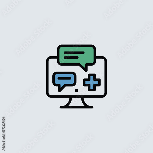 Minimalist Icon Design Depicting a Computer Monitor Displaying Two Speech Bubbles and a Plus Symbol Green and Blue Speech Bubbles on a Black Outline Monitor Against a Light