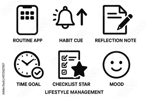 Lifestyle management icons: routine, habit, reflection, time, checklist, mood