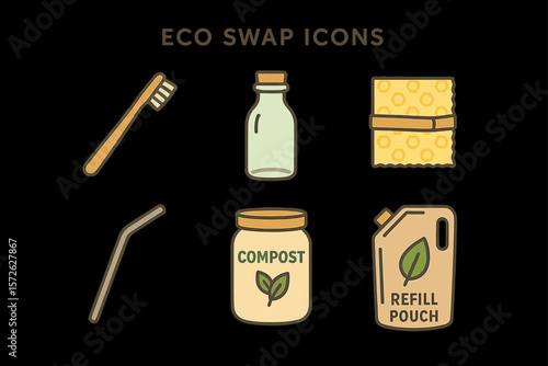 Eco-friendly swap icons: toothbrush, bottle, sponge, straw, compost jar, refill pouch
