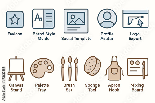 Design and art tools icons: favicon, brand guide, canvas, palette, brushes, apron, mixing board