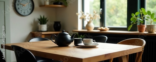 Stylish Scandinavian dining room Wooden table, teapot, cups, black accents , mockup, template, cups