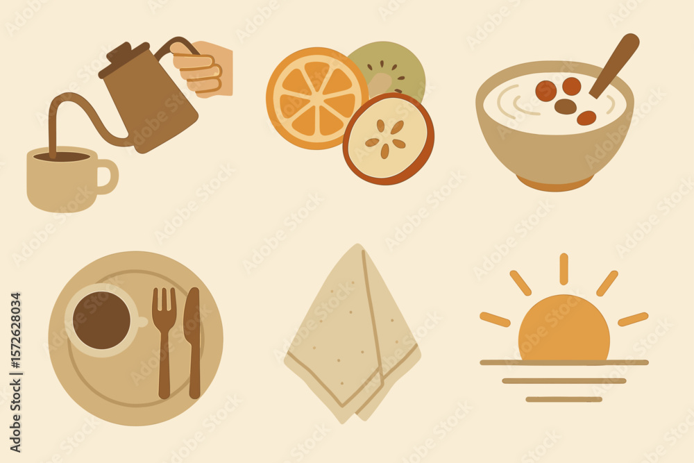 Minimalist breakfast icons: coffee, fruit, yogurt, table setting, napkin, sunrise Minimalist breakfast icons: coffee, fruit, yogurt, table setting, napkin, sunrise