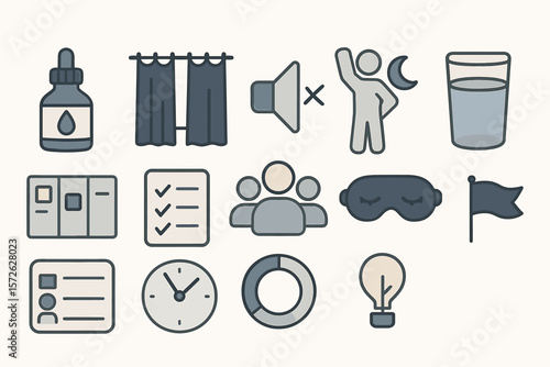 Icons representing sleep routine: bedtime, alarm, clock, checklist, eye mask, hydration