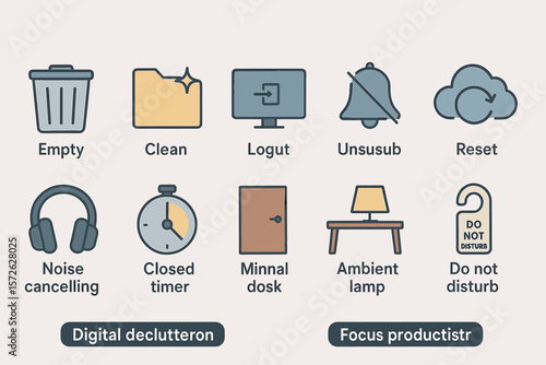 Digital decluttering icons for productivity: trash bin, folder, monitor, bell, cloud, headphones, timer, door, lamp, door hanger
