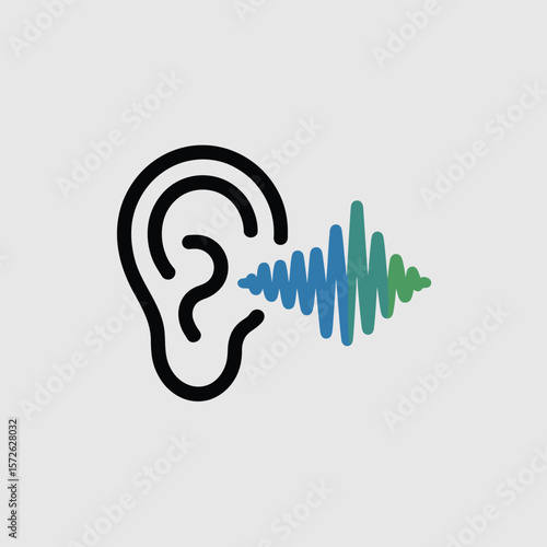 Minimalist Icon Design Depicting a Human Ear Receiving a Teal and Blue Sound Wave Graphic Illustration on a Light Gray Background