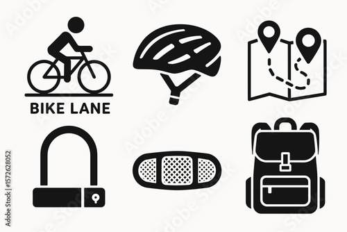 Bicycle safety icons: helmet, bike lane, lock, map, backpack, bandage