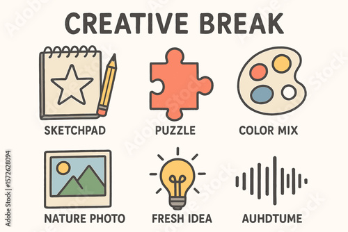 Creative break elements: sketchpad, puzzle, color mix, nature photo, fresh idea, audio