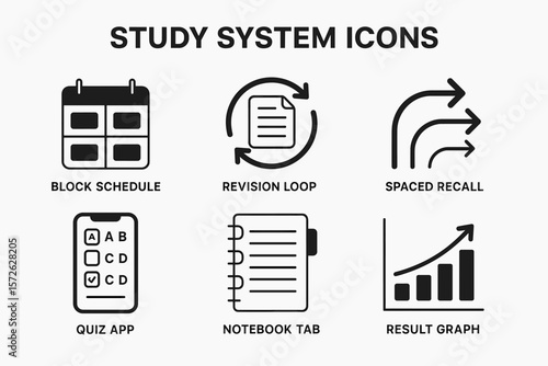 Study system icons: block schedule, revision loop, spaced recall, quiz app, notebook tab, result graph