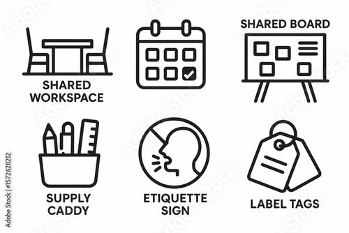Shared workspace icons set featuring etiquette sign and label tags