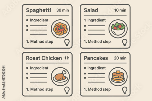 Illustrated recipe cards for spaghetti, salad, roast chicken, and pancakes