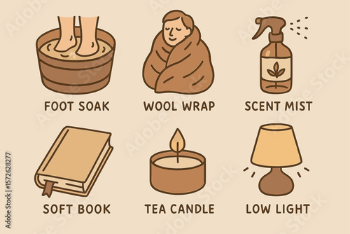 Relaxing self-care essentials: foot soak, wool wrap, scent mist, soft book, tea candle, low light